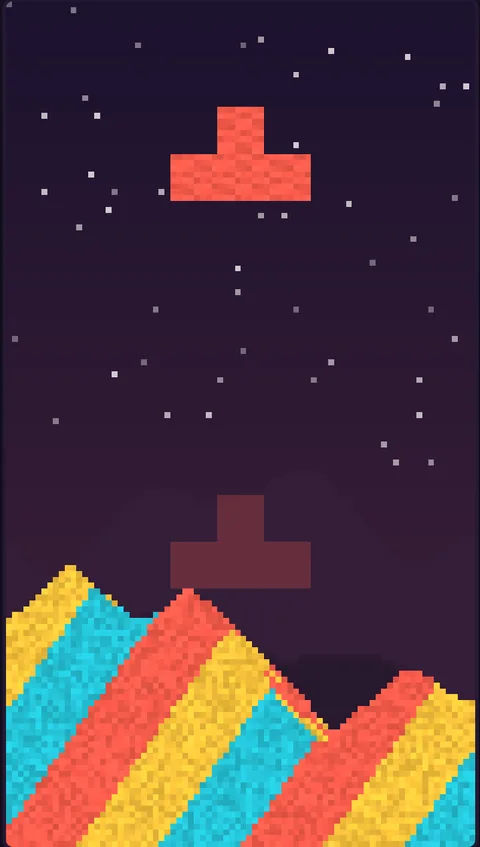 Sandslide game board: a red T block falling toward a striped pile of blue, red and yellow sand